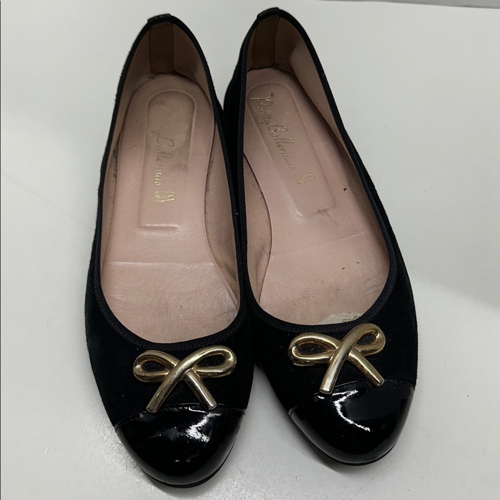 Pretty Ballerina Flats Slip On Ballet Shoes Cap Toe Leather Suede Bow Black 8